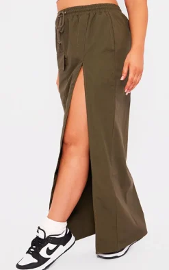 Khaki Ripstop Split Thigh Drawstring Waist Maxi Skirt