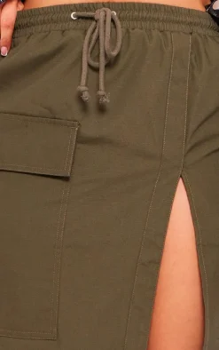 Khaki Ripstop Split Thigh Drawstring Waist Maxi Skirt