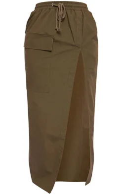 Khaki Ripstop Split Thigh Drawstring Waist Maxi Skirt