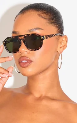 Khaki Round Frame Bar Aviator Sunglasses