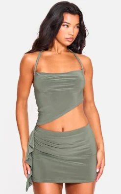 Khaki Ruched Drape Low Rise Micro Mini Skirt