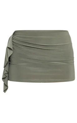 Khaki Ruched Drape Low Rise Micro Mini Skirt