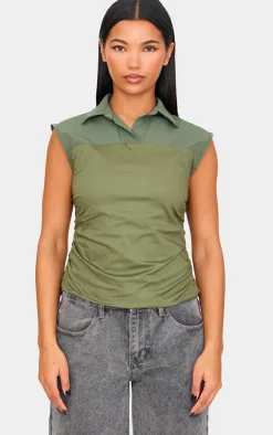 Khaki Ruched Sleeveless Long Top