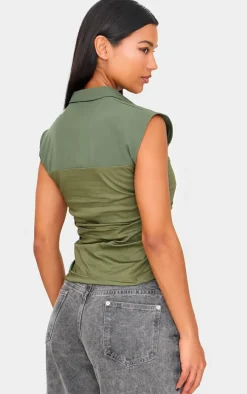 Khaki Ruched Sleeveless Long Top