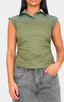 Khaki Ruched Sleeveless Long Top