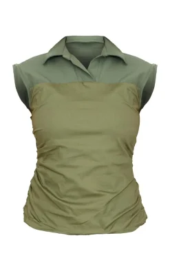 Khaki Ruched Sleeveless Long Top
