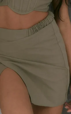 Khaki Ruched Strap Wrap Mini Skirt