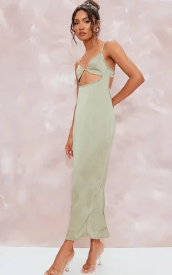 Khaki Satin Cut Out Strappy Back Detail Midaxi Dress