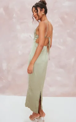 Khaki Satin Cut Out Strappy Back Detail Midaxi Dress