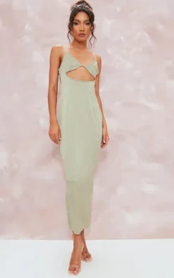 Khaki Satin Cut Out Strappy Back Detail Midaxi Dress