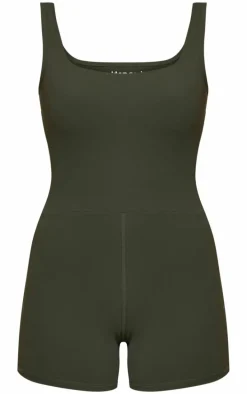 Khaki Sculpt Contrast Stitch Square Neck Unitard