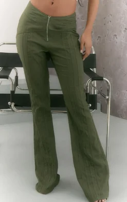 Khaki Seam Detail Low Rise Flared Pants