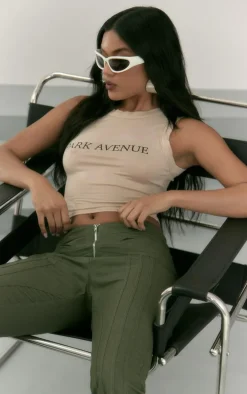 Khaki Seam Detail Low Rise Flared Pants