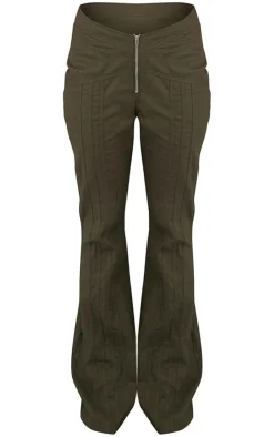 Khaki Seam Detail Low Rise Flared Pants