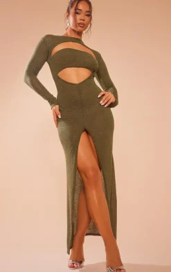 Khaki Sheer Glitter Long Sleeve Cut Out Maxi Dress