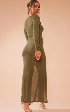 Khaki Sheer Glitter Long Sleeve Cut Out Maxi Dress