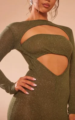 Khaki Sheer Glitter Long Sleeve Cut Out Maxi Dress