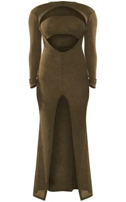 Khaki Sheer Glitter Long Sleeve Cut Out Maxi Dress