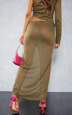 Khaki Sheer Soft Rib Lace Up Thigh Split Midaxi Skirt