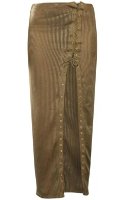 Khaki Sheer Soft Rib Lace Up Thigh Split Midaxi Skirt