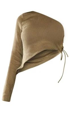 Khaki Sheer Soft Rib One Shoulder Asymmetric Hem Top