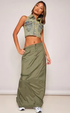 Khaki Shell Double Zip Midaxi Skirt