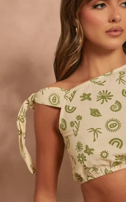 Khaki Shell Print Off The Shoulder Crop Top
