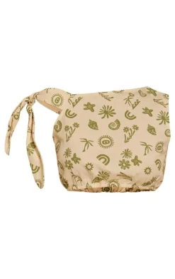 Khaki Shell Print Off The Shoulder Crop Top