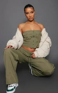 Khaki Shell Zip Up Pocket Front Bandeau Corset