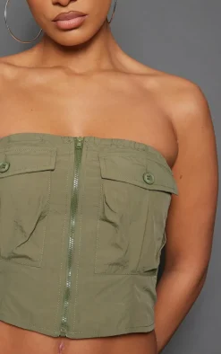 Khaki Shell Zip Up Pocket Front Bandeau Corset