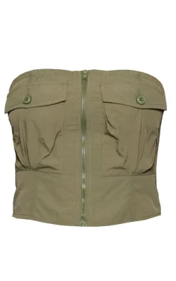 Khaki Shell Zip Up Pocket Front Bandeau Corset
