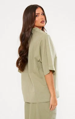 Khaki Short Sleeve Oversized Linen Look Shirt