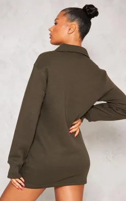 Khaki Shoulder Pad Open Collar Boxy Sweatshirt Dress