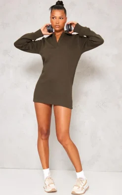 Khaki Shoulder Pad Open Collar Boxy Sweatshirt Dress