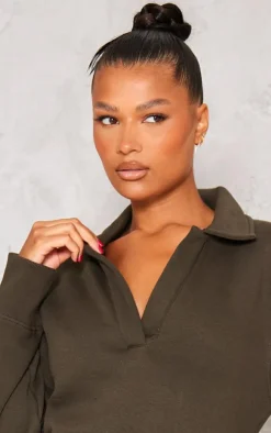 Khaki Shoulder Pad Open Collar Boxy Sweatshirt Dress