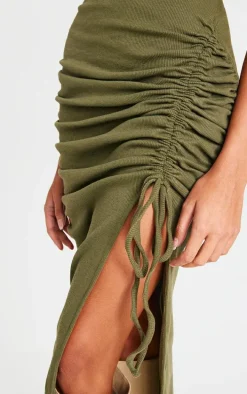 Khaki Side Split Ruched Sleeveless Maxi Dress