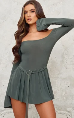 Khaki Slinky Bardot Long Sleeve Heart Trim Romper