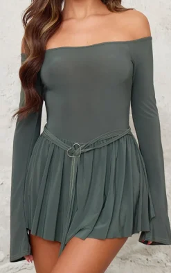 Khaki Slinky Bardot Long Sleeve Heart Trim Romper