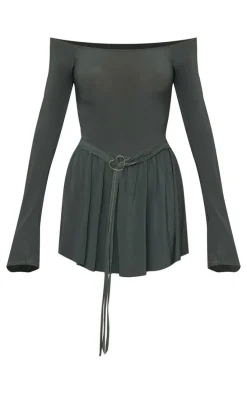 Khaki Slinky Bardot Long Sleeve Heart Trim Romper