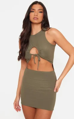 Khaki Slinky Cowl Neck Cut Out Bodycon Dress