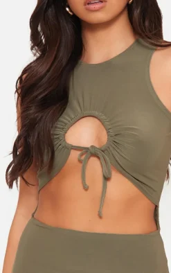 Khaki Slinky Cowl Neck Cut Out Bodycon Dress