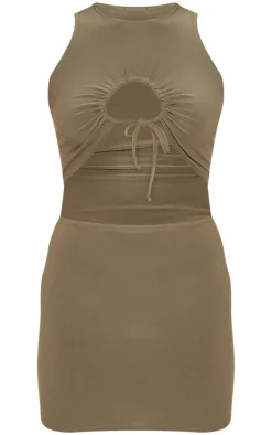 Khaki Slinky Cowl Neck Cut Out Bodycon Dress