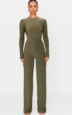 Khaki Slinky Cut Out Back Detail Jumpsuit