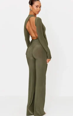 Khaki Slinky Cut Out Back Detail Jumpsuit