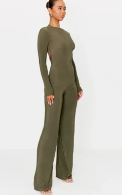 Khaki Slinky Cut Out Back Detail Jumpsuit