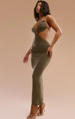 Khaki Slinky Cut Out Halterneck Maxi Dress