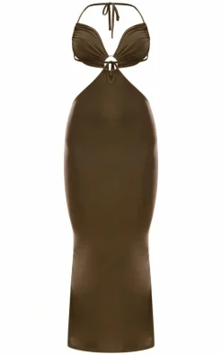 Khaki Slinky Cut Out Halterneck Maxi Dress