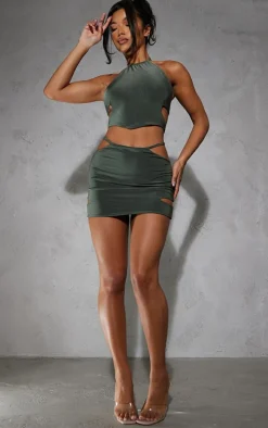 Khaki Slinky Cut Out Strappy Mini Skirt