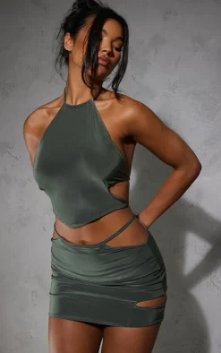 Khaki Slinky Cut Out Strappy Mini Skirt