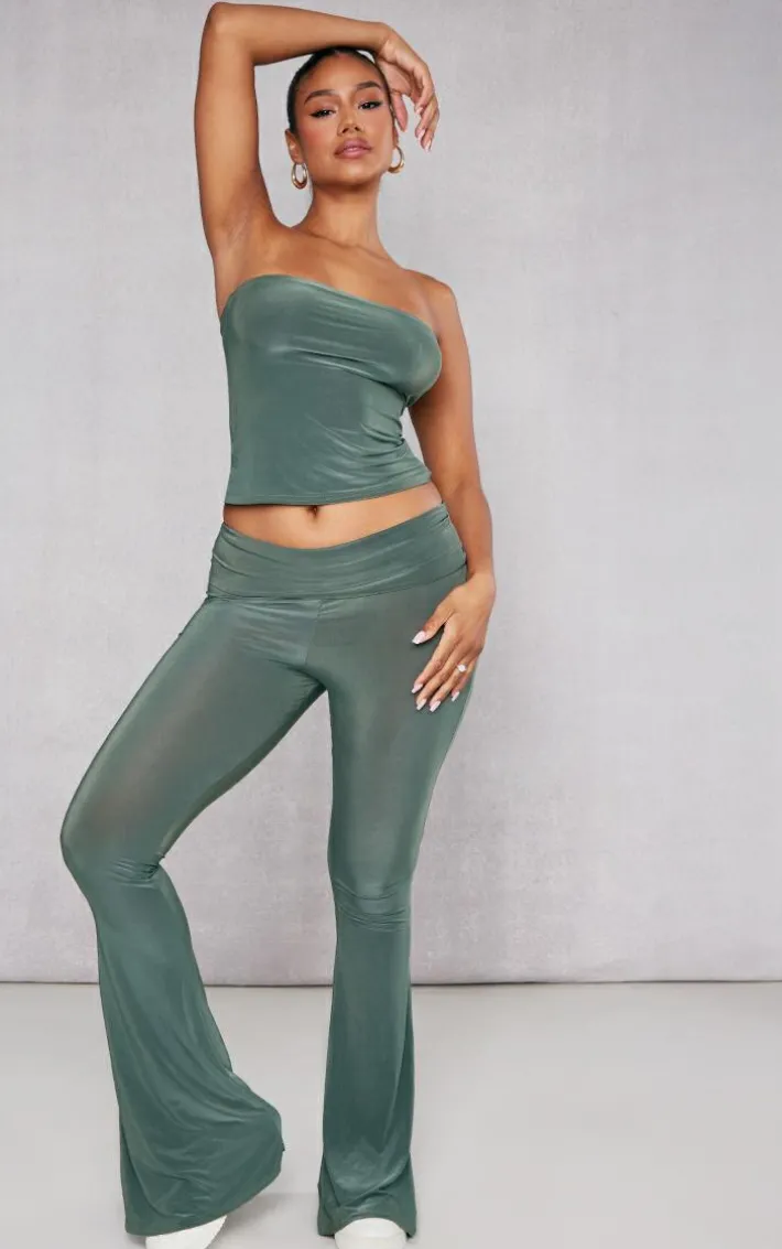 Khaki Slinky Low Rise Flared Pants